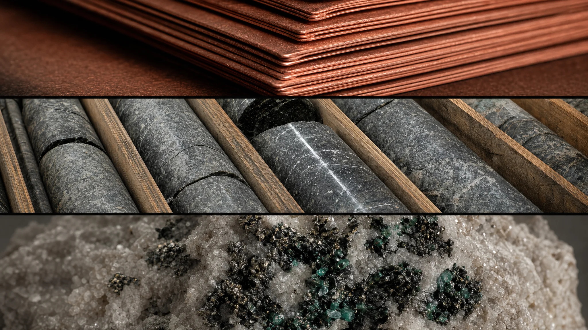 Copper cathodes, geological drill cores, and a critical-mineral specimen